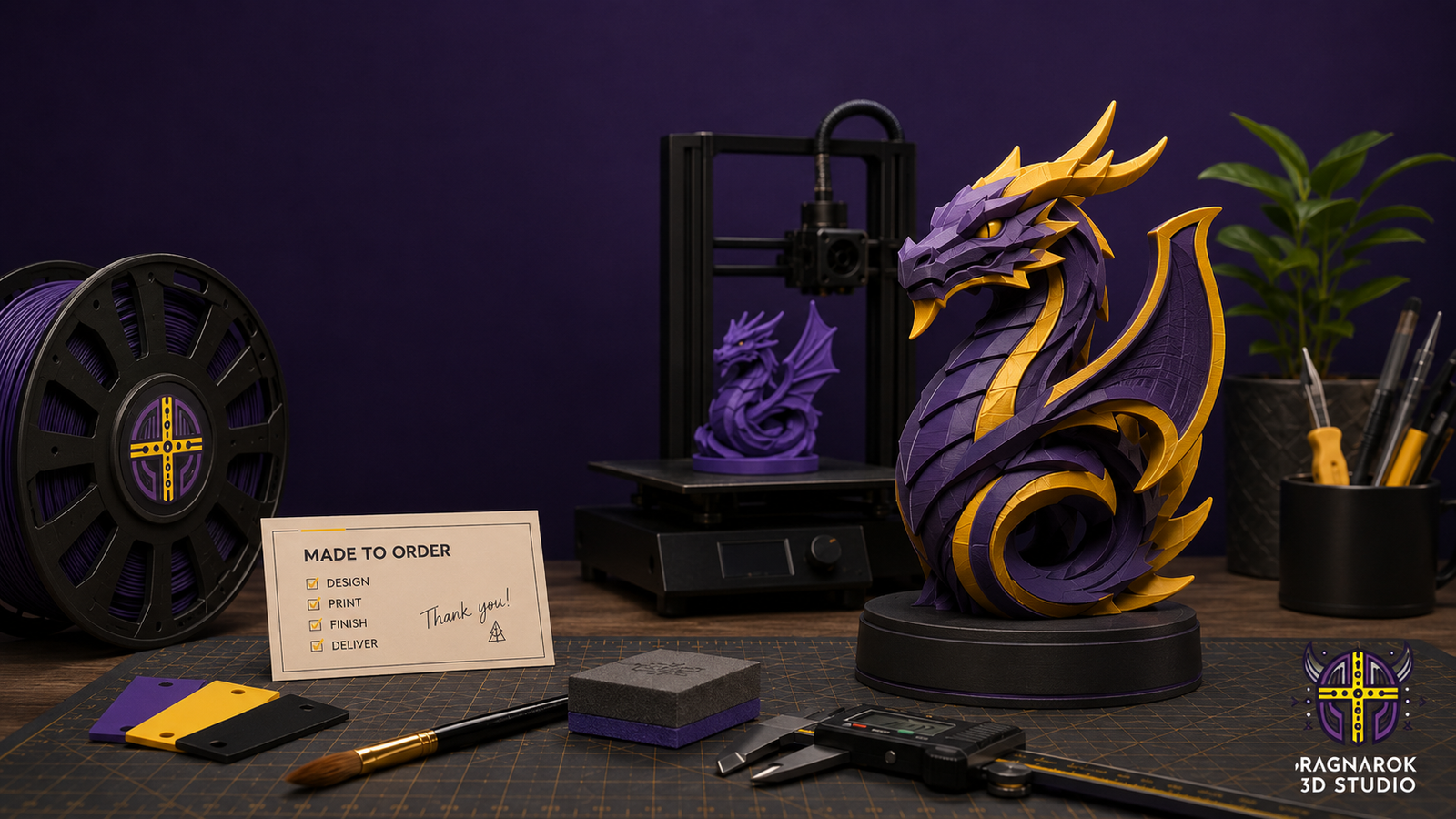 A clean Ragnarok 3D Studio workbench with a 3D printer, filament, maker tools, and a finished 3D printed dragon display piece.