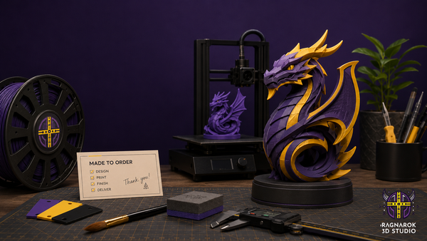 A clean Ragnarok 3D Studio workbench with a finished 3D printed dragon display piece, filament, maker tools, and 3D printed gift ideas.