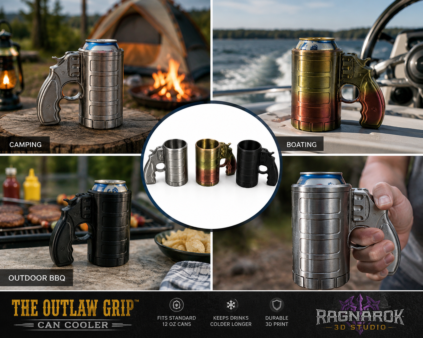 The Outlaw Grip Can Cooler lifestyle collage
